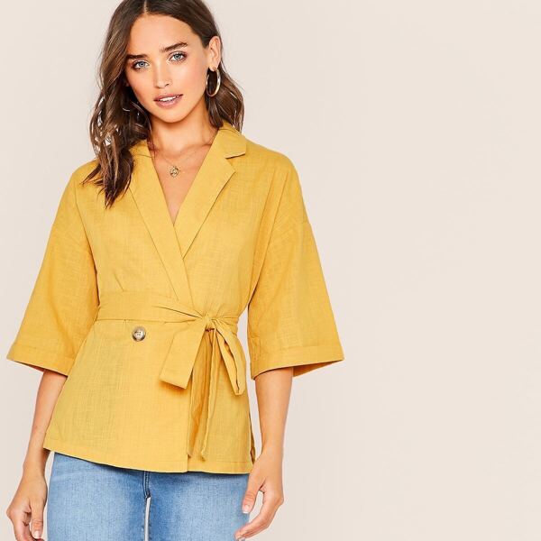 

Solid Button Front Belted Blazer, Yellow