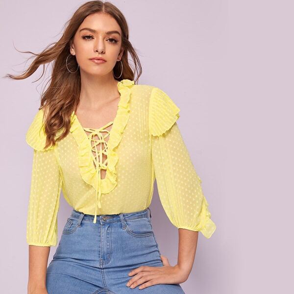 

Lace Up Front Ruffle Trim Swiss Dot Top, Yellow pastel