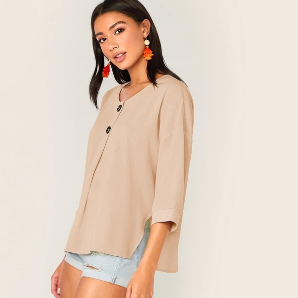 

Button Front Split Side Top, Nude