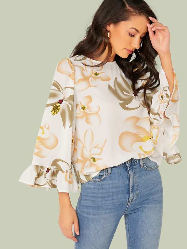 

Floral Print Flounce Sleeve Keyhole Back Top, Multicolor, Candace