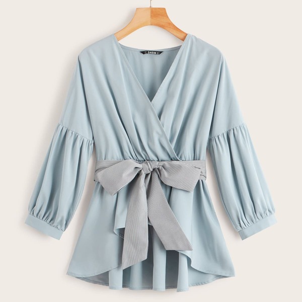 

Surplice Neck High Low Hem Belted Top, Blue pastel