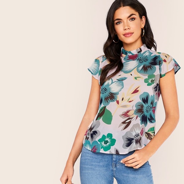 

Floral Print Frilled Neckline Top, Multicolor
