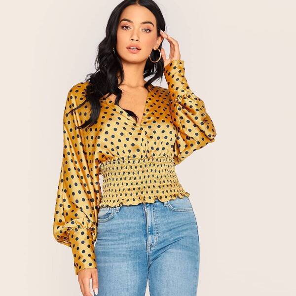 

Lantern Sleeve Shirred Waist Polka Dot Satin Top, Yellow