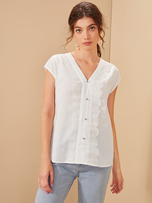 

Lace Trim Button Front Top, White, Nadja