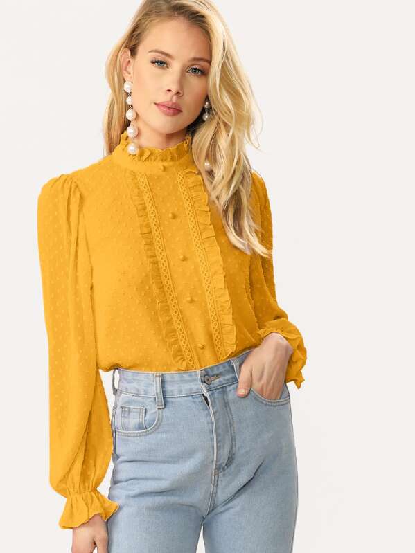 

Frilled Neck Button Front Swiss Dot Top, Yellow, Allie Leggett