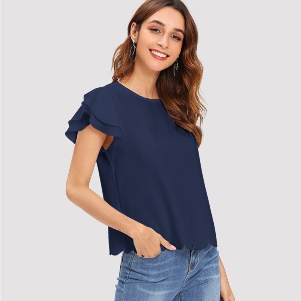 

Scallop Trim Layered Sleeve Solid Top