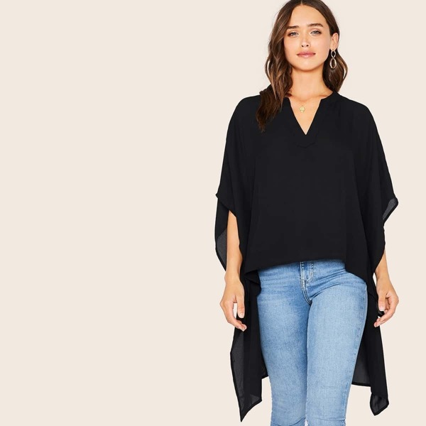 

Solid Batwing Sleeve High Low Hem Top, Black