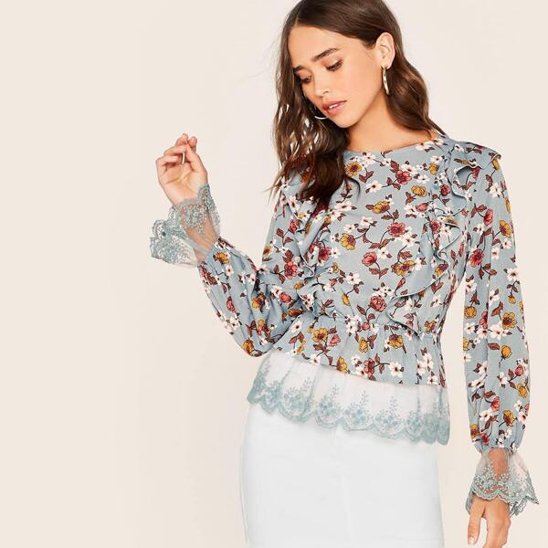 

Ruffle Trim Embroidered Mesh Cuff & Hem Floral Top, Blue