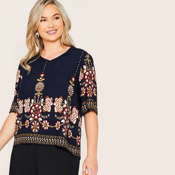 

Plus Half Sleeve Tribal Print Top