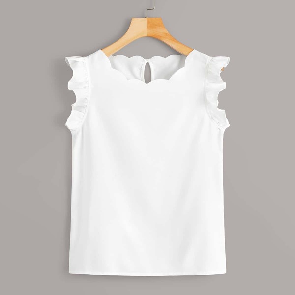 

Plus Keyhole Back Scallop Neck Ruffle Armhole Top
