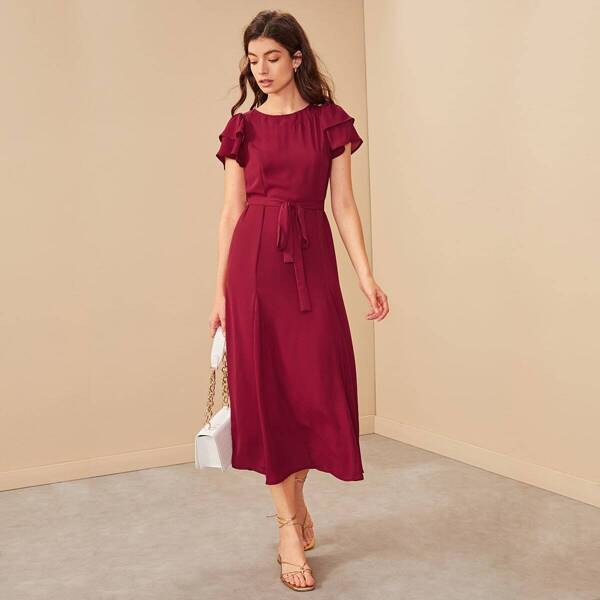 

Butterfly Sleeve Godet Dress With Belt, Burgundy