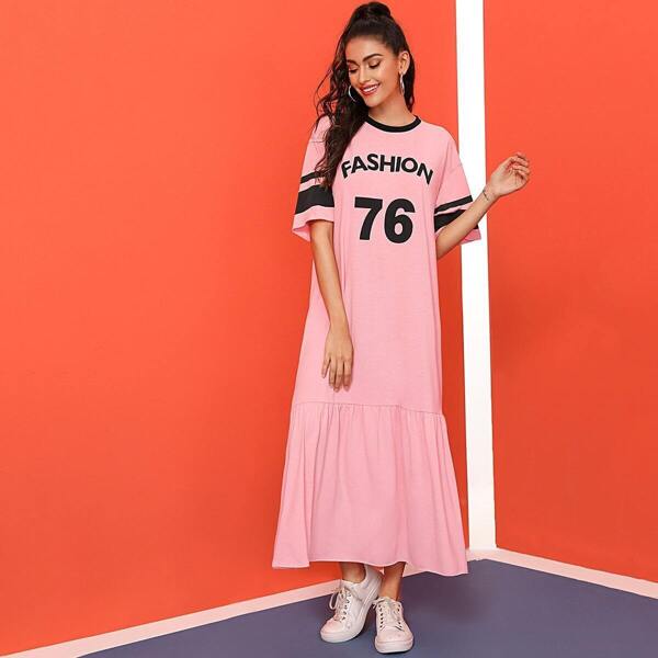 

Varsity Print Contrast Neck Flippy Hem Dress