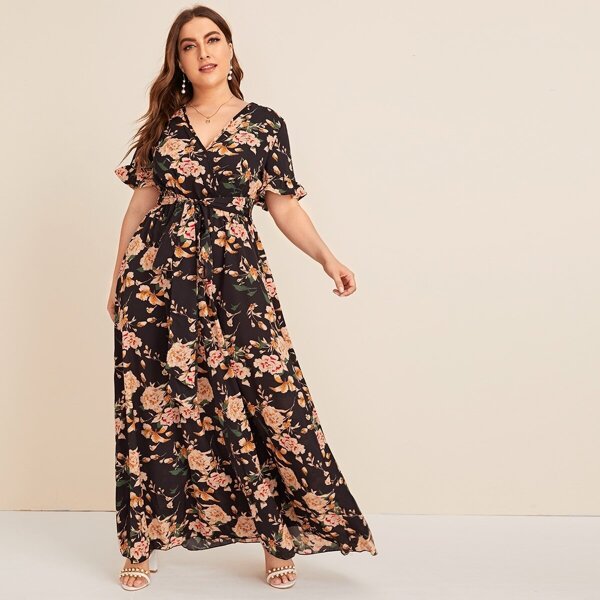 

Plus Floral Tie Front Flounce Sleeve Maxi Dress, Multicolor