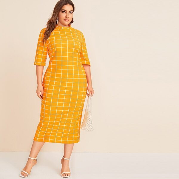 

Plus Mock-Neck Grid Dress, Yellow