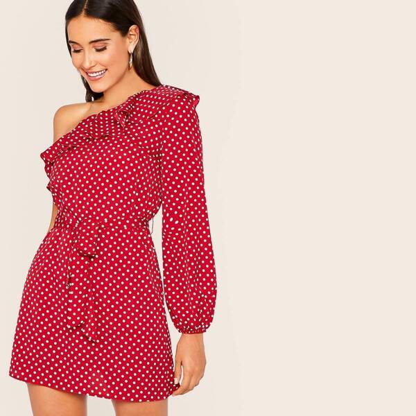 

One Shoulder Ruffle Trim Self Belted Polka Dot Dress