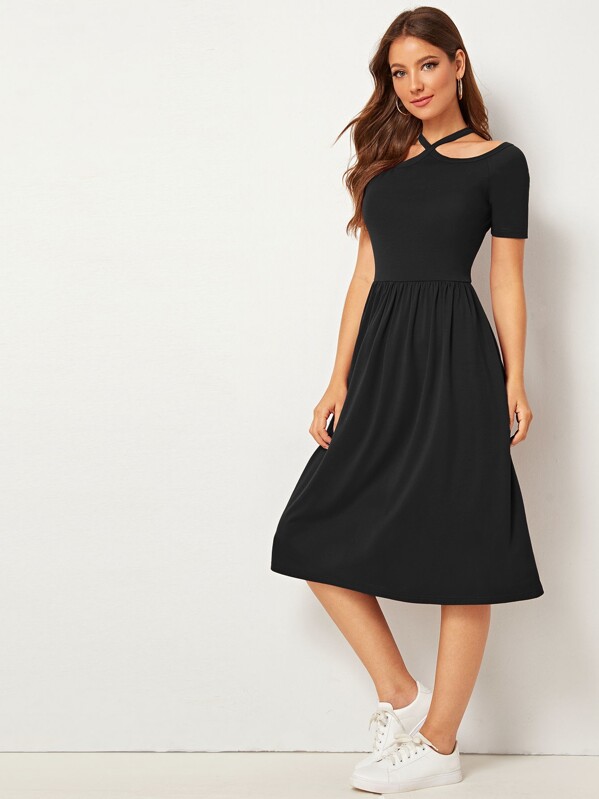 

Solid Cut-out Halter Fit & Flare Dress, Black, Debi Cruz