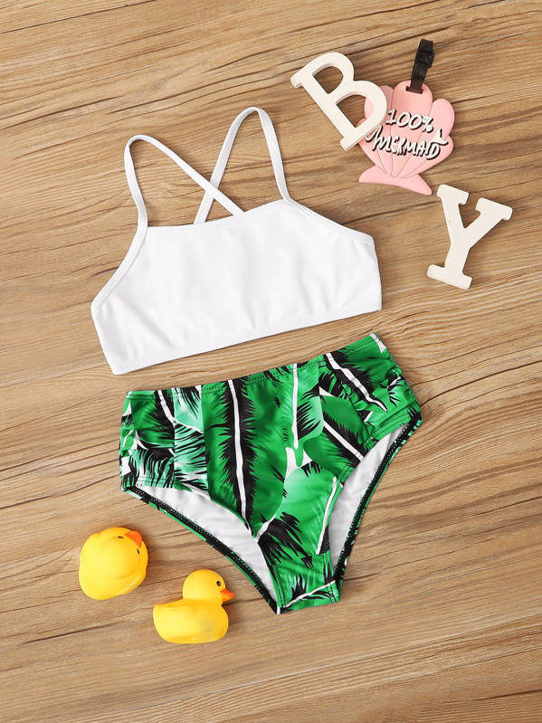 

Girls Criss Cross Top With Tropical Bikini Set, Multicolor