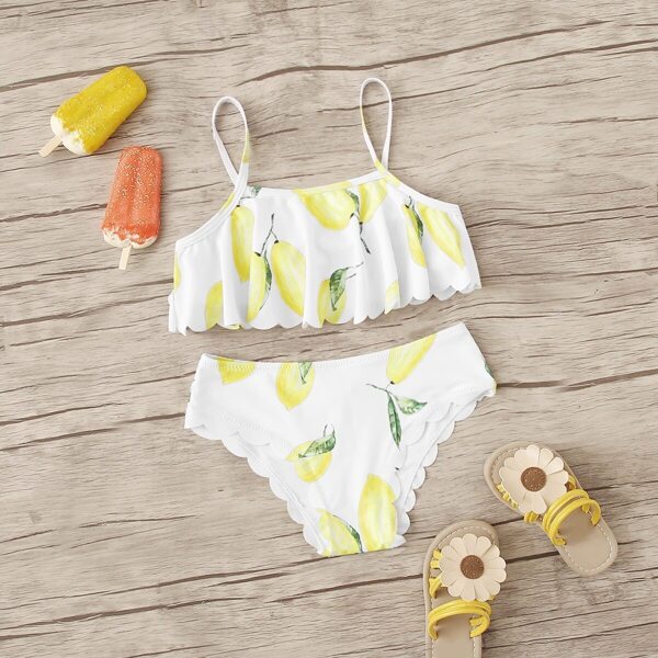 

Girls Lemon Print Scallop Trim Bikini Set