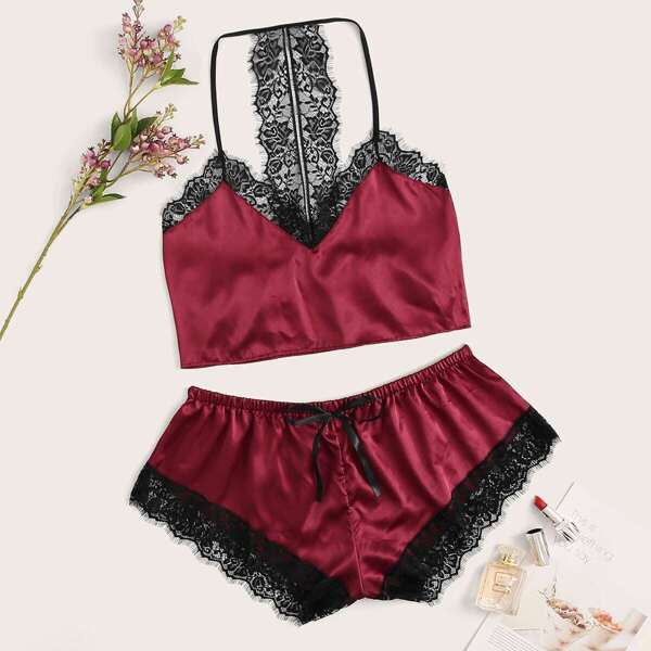 

Plus Contrast Lace Satin Lingerie Set, Burgundy