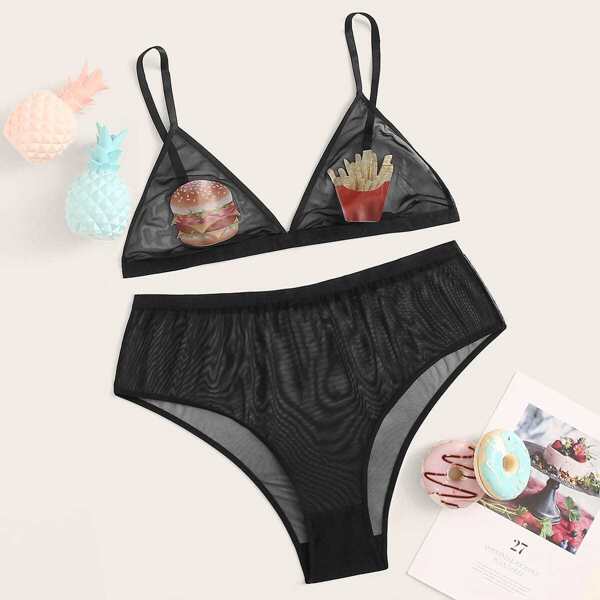 

Plus French Fries & Hamburger Print Lingerie Set, Black