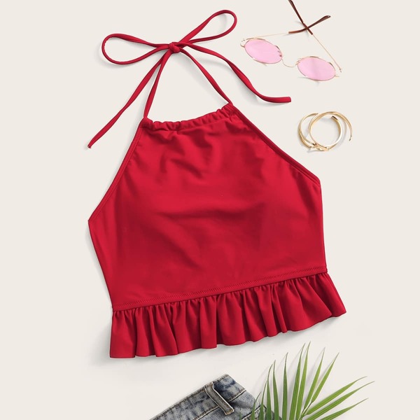 

Ruffle Trim Halter Swimming Top