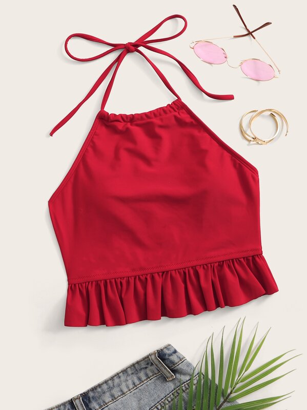 

Ruffle Trim Halter Swimming Top, Red