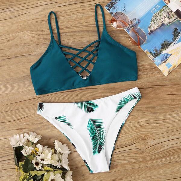 

Palm Print Lattice Bikini Swimsuit, Multicolor