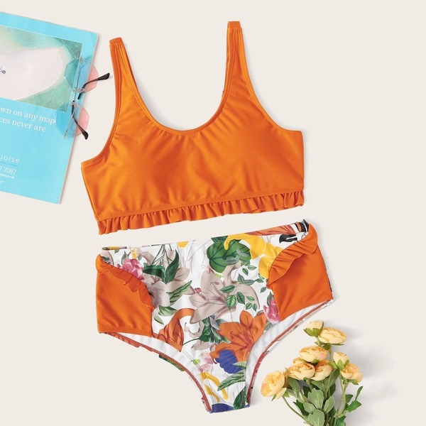 

Ruffle Hem Top With Floral Bikini Set