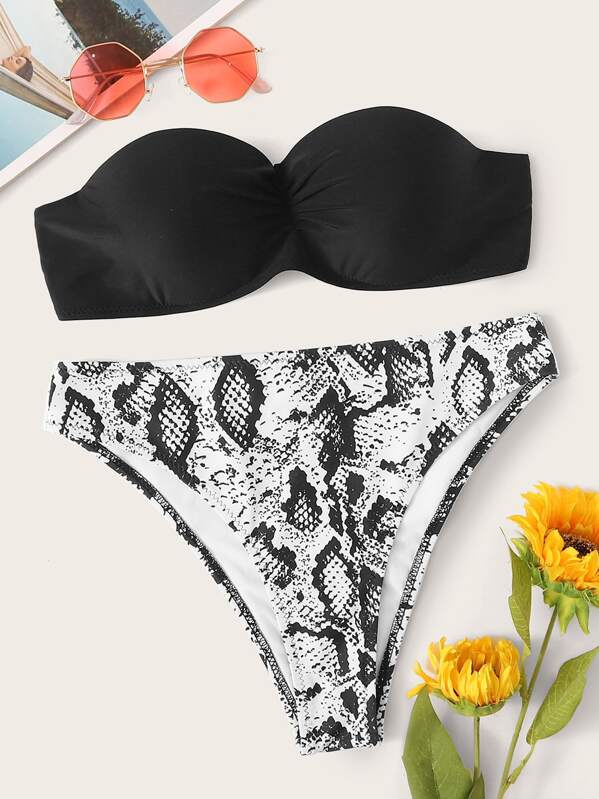 

Ruched Underwire Bandeau With Snakeskin Bikini Set, Black and white