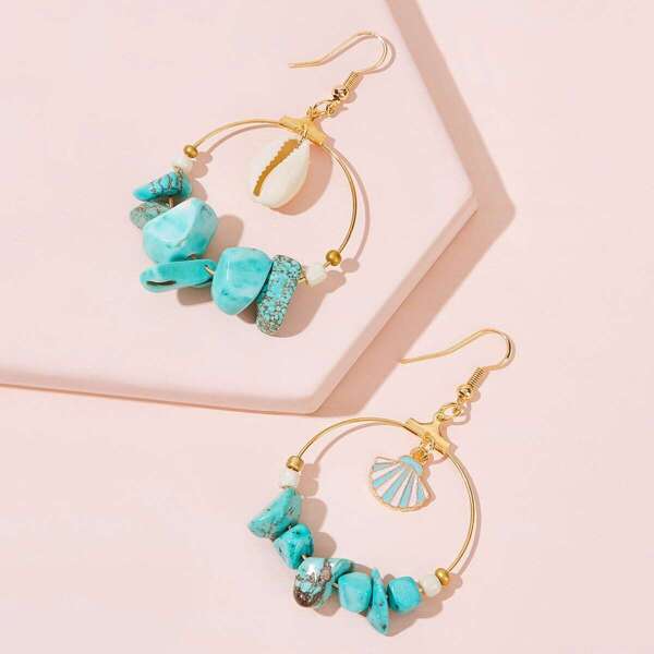 

Circle & Shell Decor Turquoise Drop Earrings 1pair