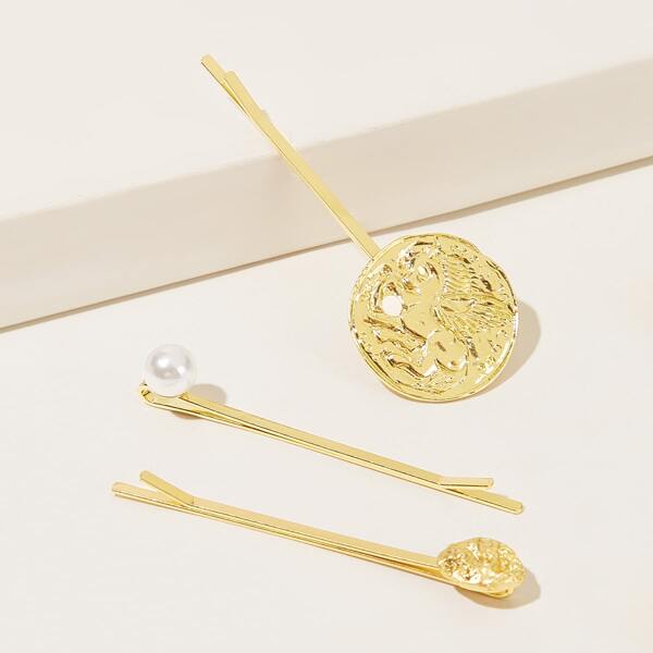 

Textured Coin & Faux Pearl Decor Hairpin 3pcs