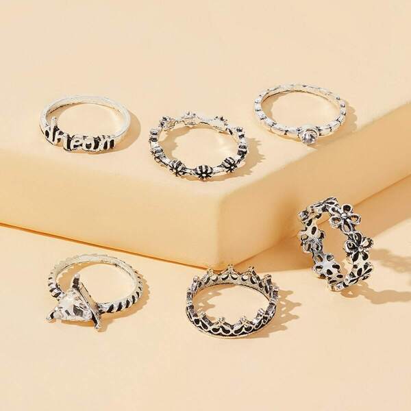 

Flower & Rhinestone Decor Ring 6pcs