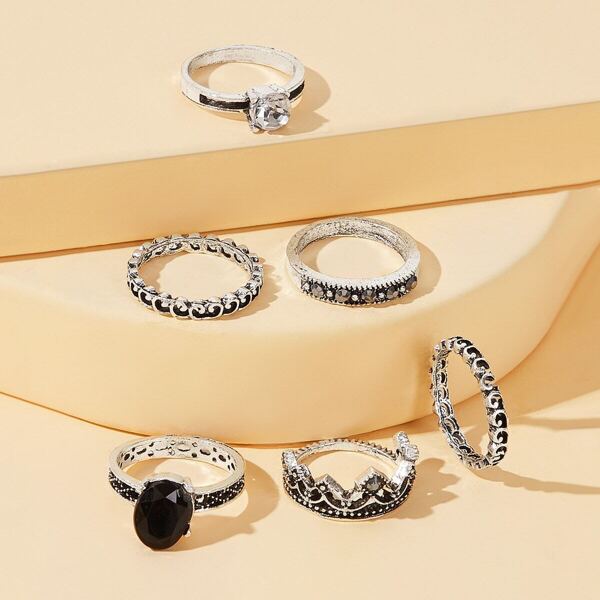 

Gemstone & Crown Decor Ring 6pcs
