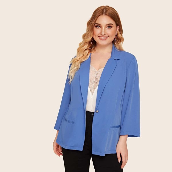 

Plus Button Front Solid Blazer, Blue
