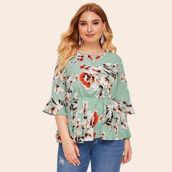 

Plus Flounce Sleeve Ruffle Hem Floral Blouse, Green