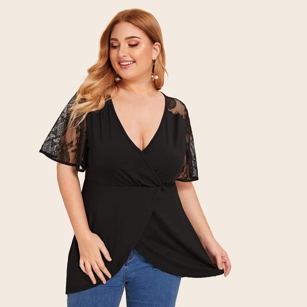 

Plus Lace Contrast Surplice Blouse, Black