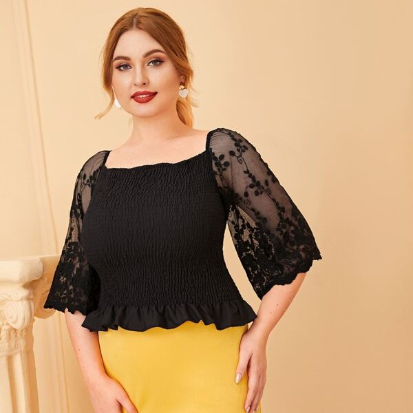 

Plus Lace Contrast Frill Detail Blouse