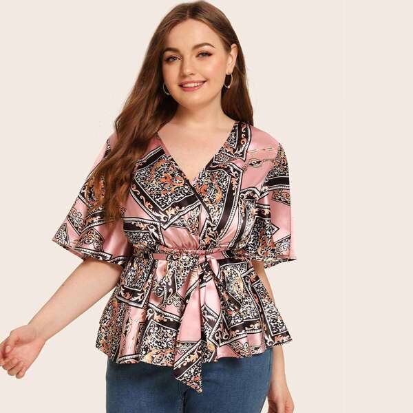 

Plus Graphic Print Tie Waist Blouse, Multicolor