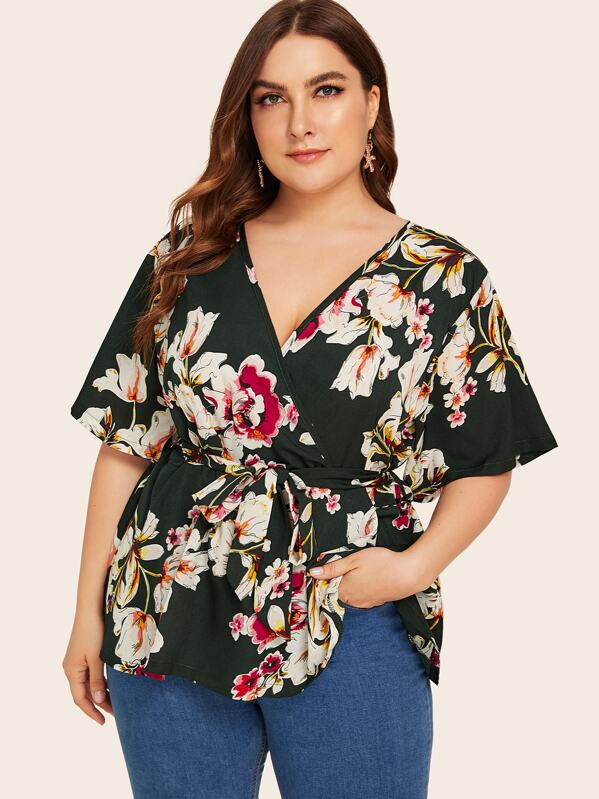 

Plus Surplice Front Floral Print Belted Blouse, Multicolor, Franziska