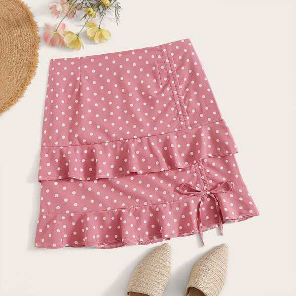 

Plus Polka Dot Print Ruffle Hem Drawstring Skirt, Pink