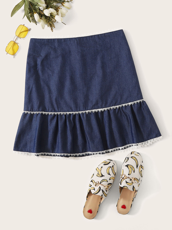 

Plus Lace Contrast Ruffle Hem Denim Skirt, Navy