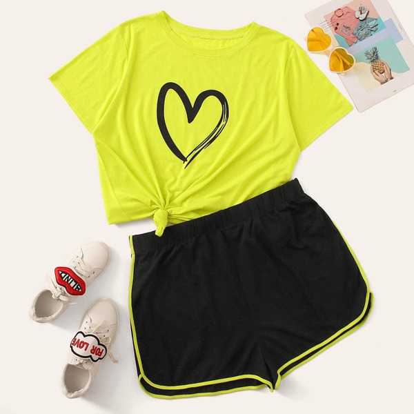 

Plus Heart Print Tee & Contrast Binding Shorts, Multicolor