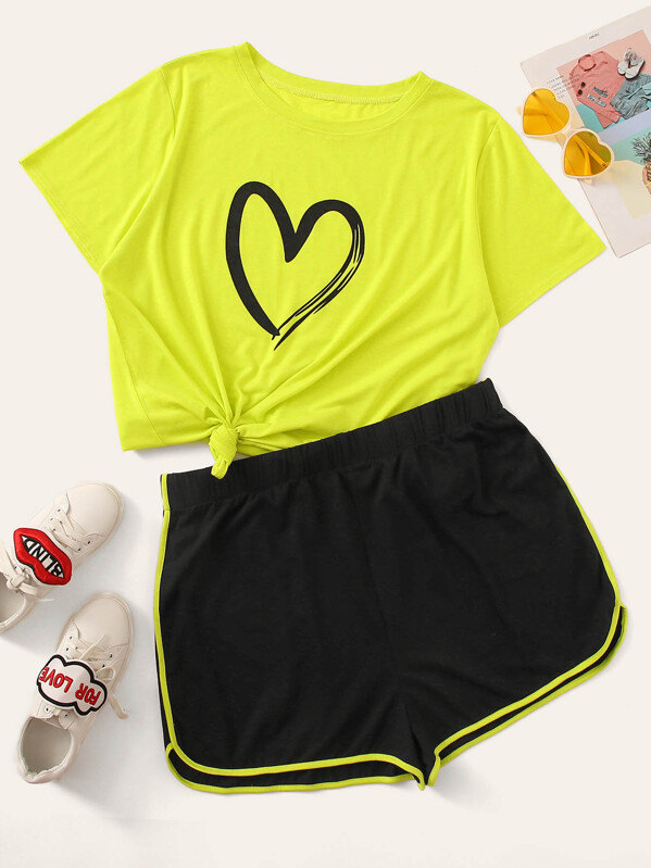 

Plus Heart Print Tee & Contrast Binding Shorts, Multicolor