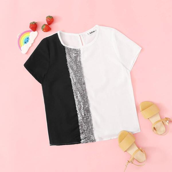 

Girls Contrast Sequin Colorblock Keyhole Back Top, Black and white