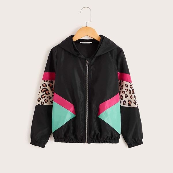 

Girls Leopard Print Cut-and-sew Windbreaker Jacket, Black