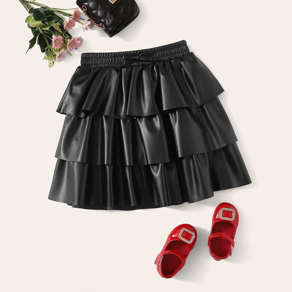

Girls Tie Waist Layered Hem PU Skirt, Black