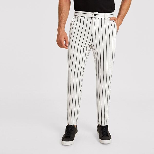 

Men Slant Pocket Striped Dress Pants, White