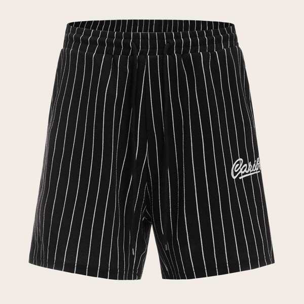 

Men Letter Embroidered Drawstring Waist Striped Shorts, Black