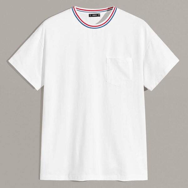 

Men Striped Trim Neck Pocket Patched Tee, White
