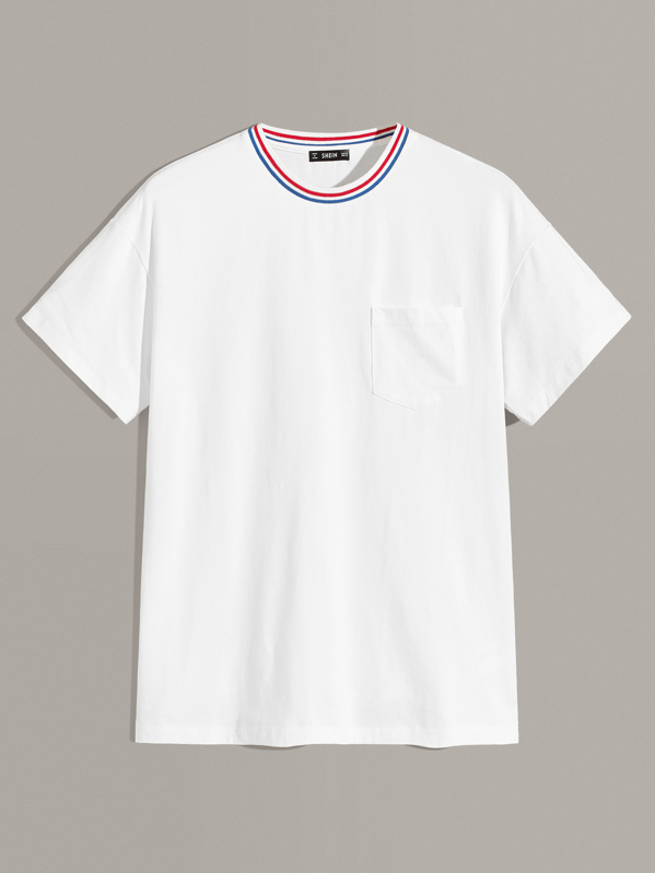 

Men Striped Trim Neck Pocket Patched Tee, White